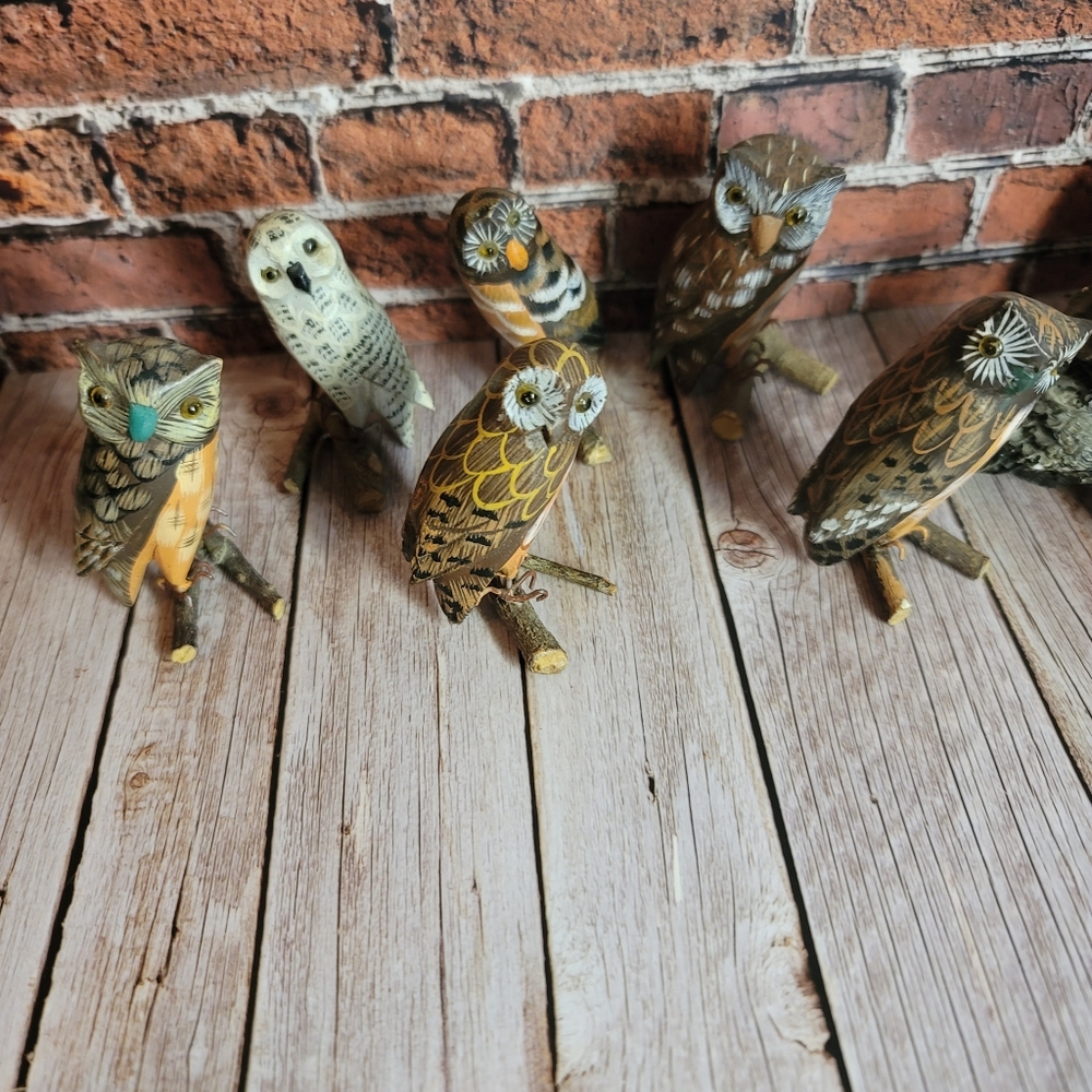 Handpainted Wooden Owl Figurines 6 Pcs